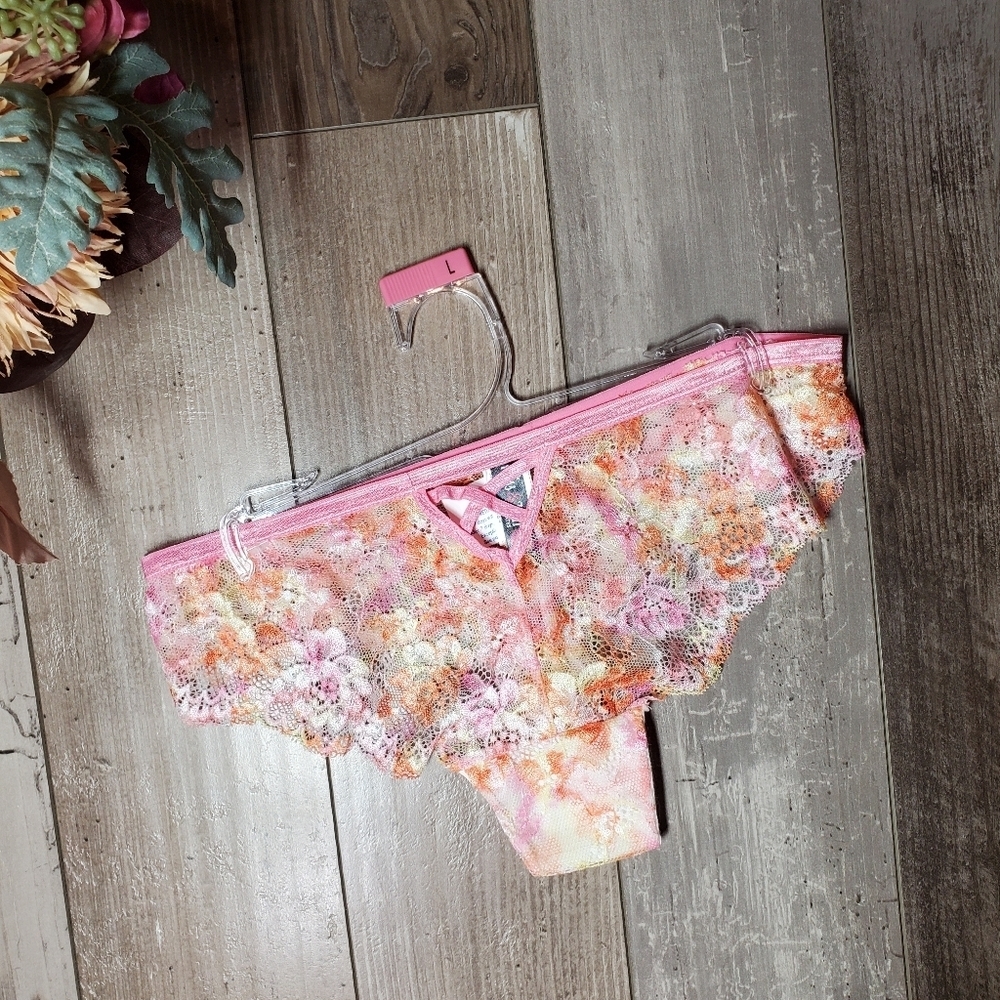 NWT Kiss & Tell Pink Orange Yellow Floral Lace Cheeky Panties Women's Size Large